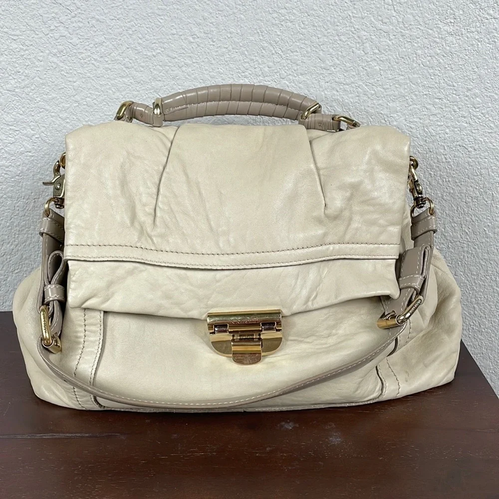 Nina Ricci Liane Leather Satchel Bag Top Handle Shoulder Strap Cream Ivory